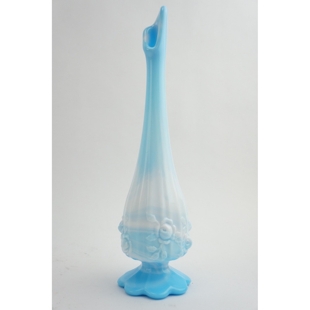 Fenton Bud Vase Blue Slag Glass Rose Embossed Scalloped Base Excellent